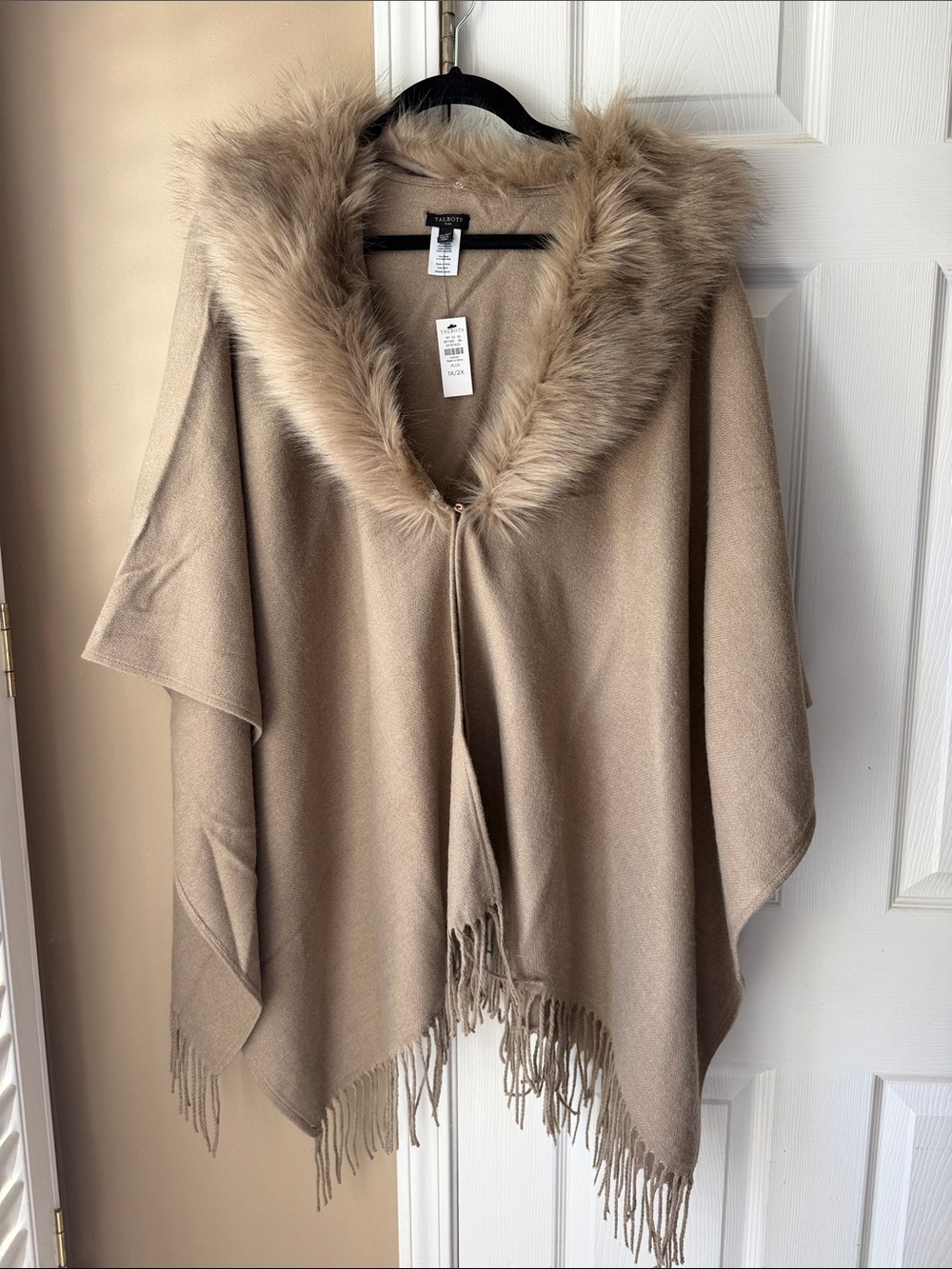 Talbots Taupe Faux-Fur Trim Poncho